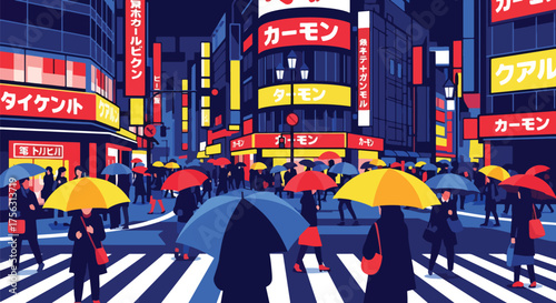Vector art of people with umbrellas crossing a busy city street in Japan, surrounded by bright billboards and urban lights, symbolizing modern lifestyle and city energy