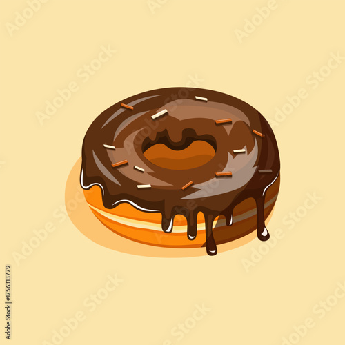 Delicious donut covered with melted chocolate glaze and soft texture, perfect for dessert posters, cafe ads, and sweet product packaging. Cute Flat Illustration.