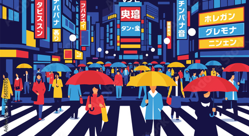 Vector art of people with umbrellas crossing a busy city street in Japan, surrounded by bright billboards and urban lights, symbolizing modern lifestyle and city energy