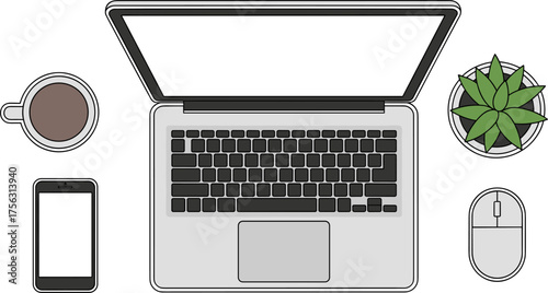 Top-down view of a laptop, coffee cup, smartphone, succulent plant, and computer mouse on a white surface, symbolizing modern work and possible workplace stress.