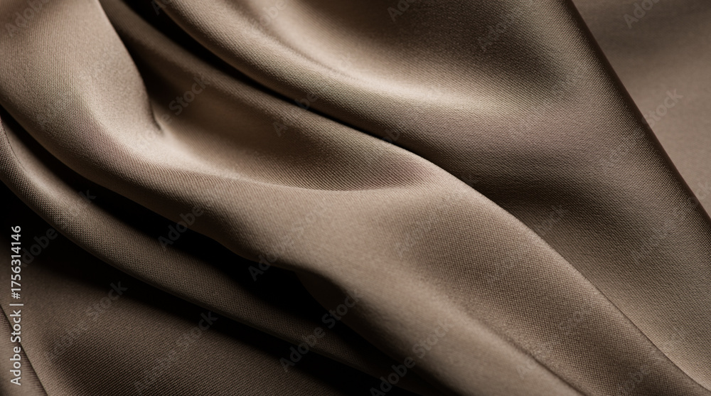 Obraz premium Silk, satin drapery background. Dark grey, brown color silk background, folds, texture of beautiful dark beige satin fabric close-up. Beautiful abstract smooth backdrop 