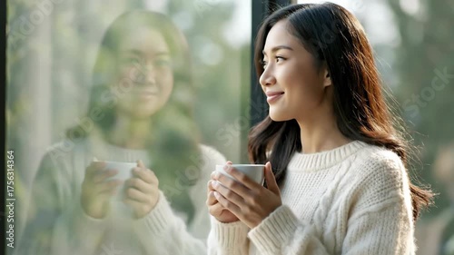 Woman Holding Cup Inside Room with Natural Light and Window View