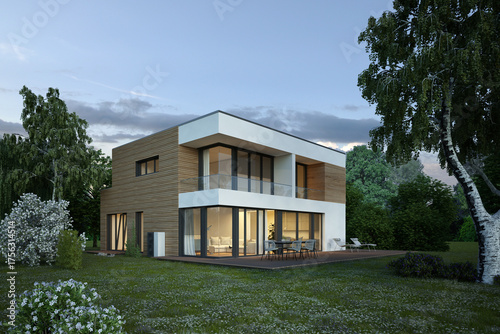 Moderne Villa mit Holzelementen am Abend