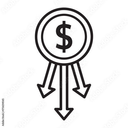Vector art of dollar sign on a coin with three arrows pointing down