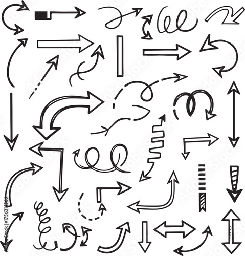 Collection of diverse hand drawn arrow doodles and symbols in various shapes and directions on a white background