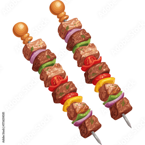 Grilled Shashlik Sticks Vector Illustration with Vegetables