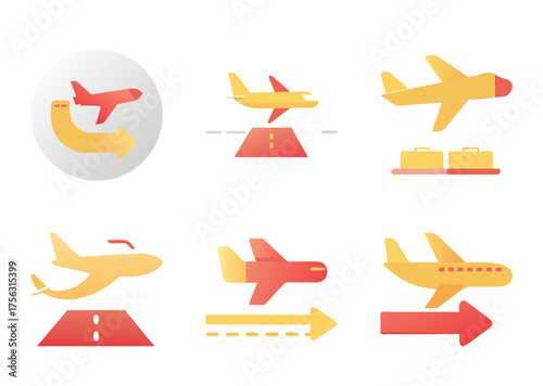 Collection of six modern airplane icons with travel and airport theme