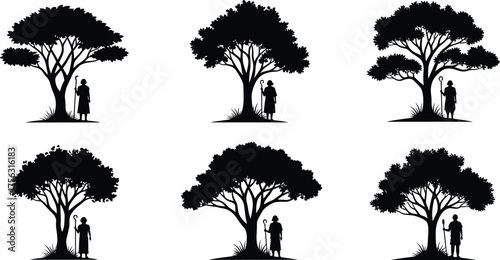 Elderly couple under tree silhouette vector set, black nature illustrations, companionship and life journey icons, botanical design bundle, forest graphic elements