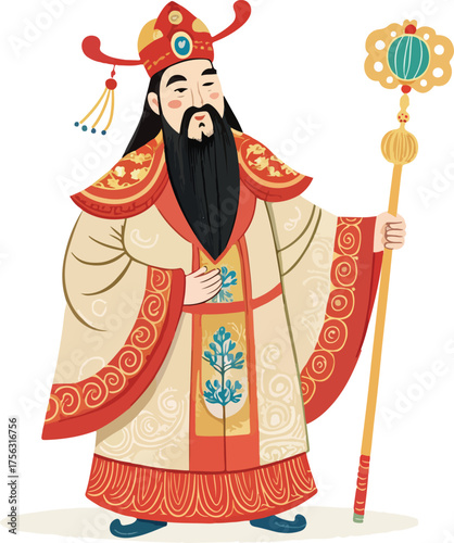 ancient Chinese official of Ming or Qing dynasty dress cosplay or costume in red uniform bless or greeting by holding Chinese gold called Sycee drawing in cartoon
