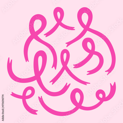 Set of pink awareness ribbons. Breast cancer month. Vector illustration, flat design