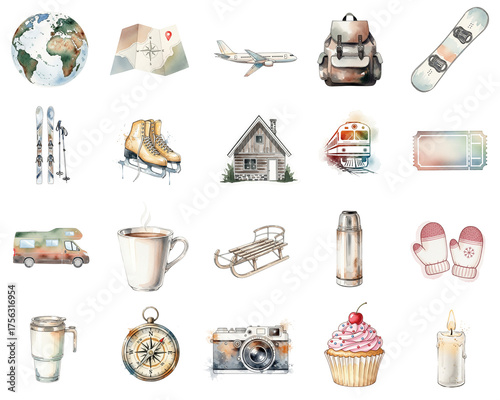 Watercolor winter travel and adventure icons set with camping gear, ski equipment, transport, and cozy items on white background