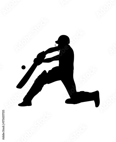 Silhouette of a cricket batsman hitting a ball during a match on a white background
