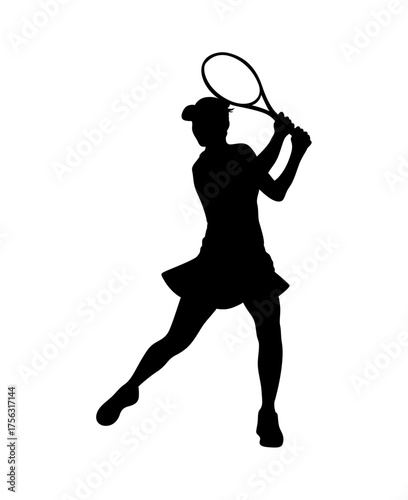 Silhouette of a female tennis player in action hitting a forehand shot with a racket