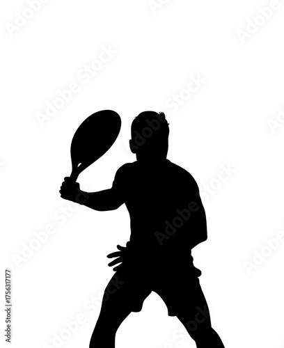 Silhouette of a male tennis player in action hitting a forehand shot with a racket against a white background