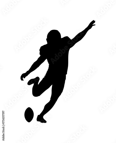 Silhouette of an american football player kicking a football during a game on a white background