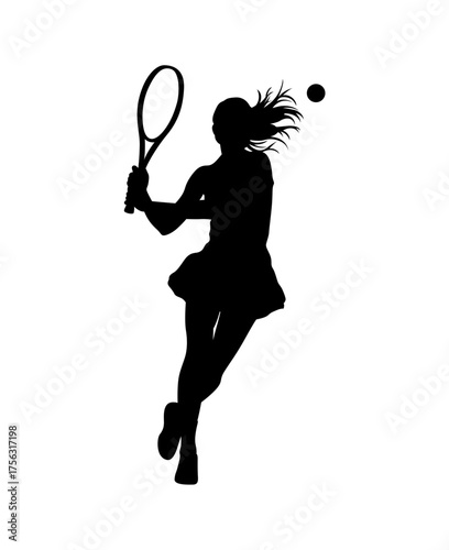 Silhouette of a female tennis player in action hitting a forehand shot with the ball in mid air