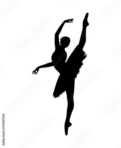 Elegant silhouette of a ballet dancer performing a graceful arabesque pose on pointe shoes