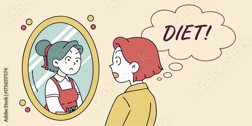 Woman stares at mirror, worried about diet, weight loss, and body image goals