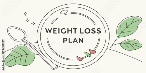 Elegant weight loss plan illustration with plate, spoon, and leafy garnish