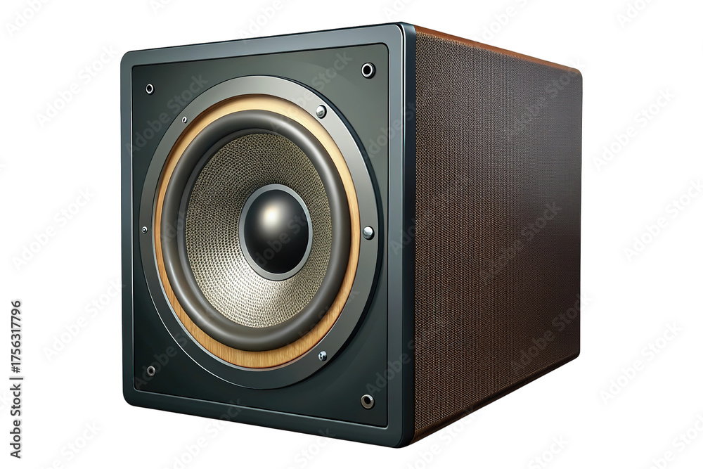 Fototapeta premium Illustration of a powerful square audio subwoofer speaker with a textured wooden cabinet and a prominent central cone, isolated on transparent background
