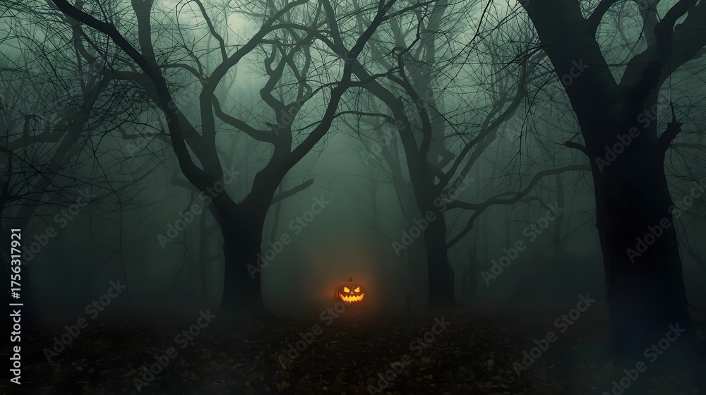 Fototapeta premium A solitary jack-o-lantern glows eerily in the foggy forest, the trees casting long dark shadows.