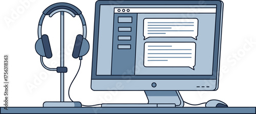 A computer screen displays chat bubbles and a headset, symbolizing communication, stress, and potential depression in a modern workplace scenario.