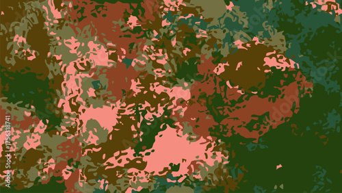 A modern and artistic abstract camouflage background featuring organic, mottled splotches. The unique and sophisticated color palette combines earthy tones of olive green and brown