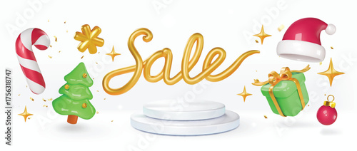 Christmas background with cylindrical podium for promotions. Round stage for presentation sale product. Stage pedestal or platform Xmas tree, Santa hat, candy cane, xmas ball. Vector illustration