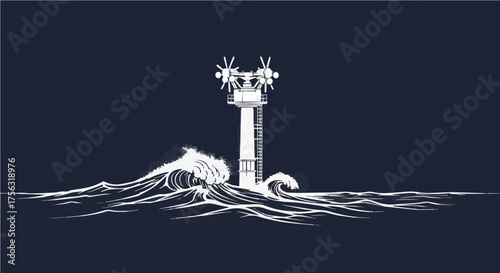 Dramatic ocean wave energy device illustration symbolizing renewable power, clean technology solutions, and innovation for a sustainable future, originally vector