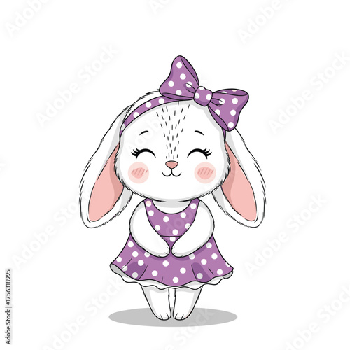 A sweet white bunny wearing a polka dot dress and bow.
