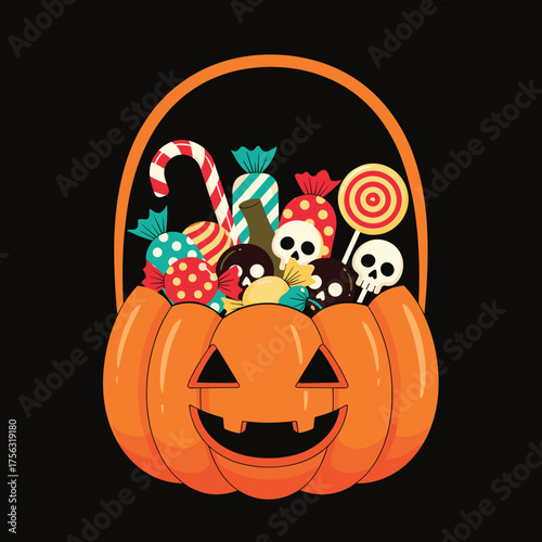 A carved pumpkin basket overflowing with various Halloween candies and spooky treats.