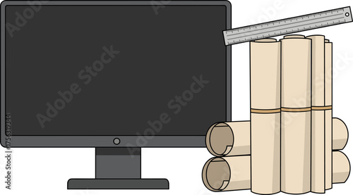 A computer monitor next to a stack of papers, symbolizing workplace stress and the pressures of deadlines and workloads.