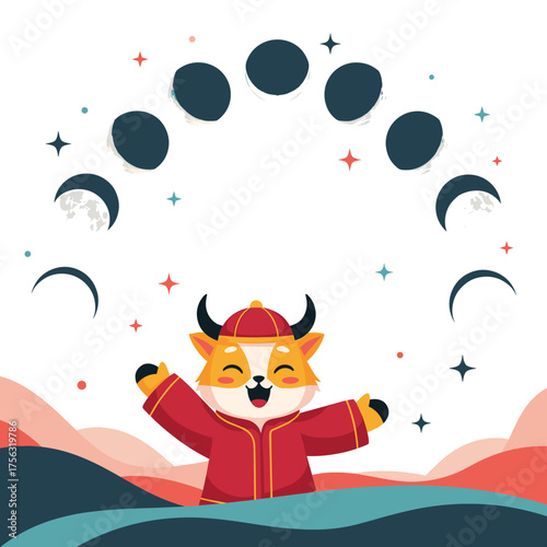 Celebration of a happy ox in traditional clothing with moon phases in the background.