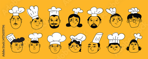 A collection of stylized chef portraits on a yellow background with white hats. Perfect for menu design, restaurant branding, or culinary miniatures.