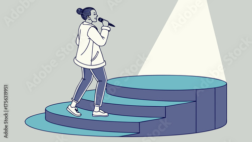 Woman Performer on Blue Circular Stairs – Artistic Vector with Spotlight and Stage 