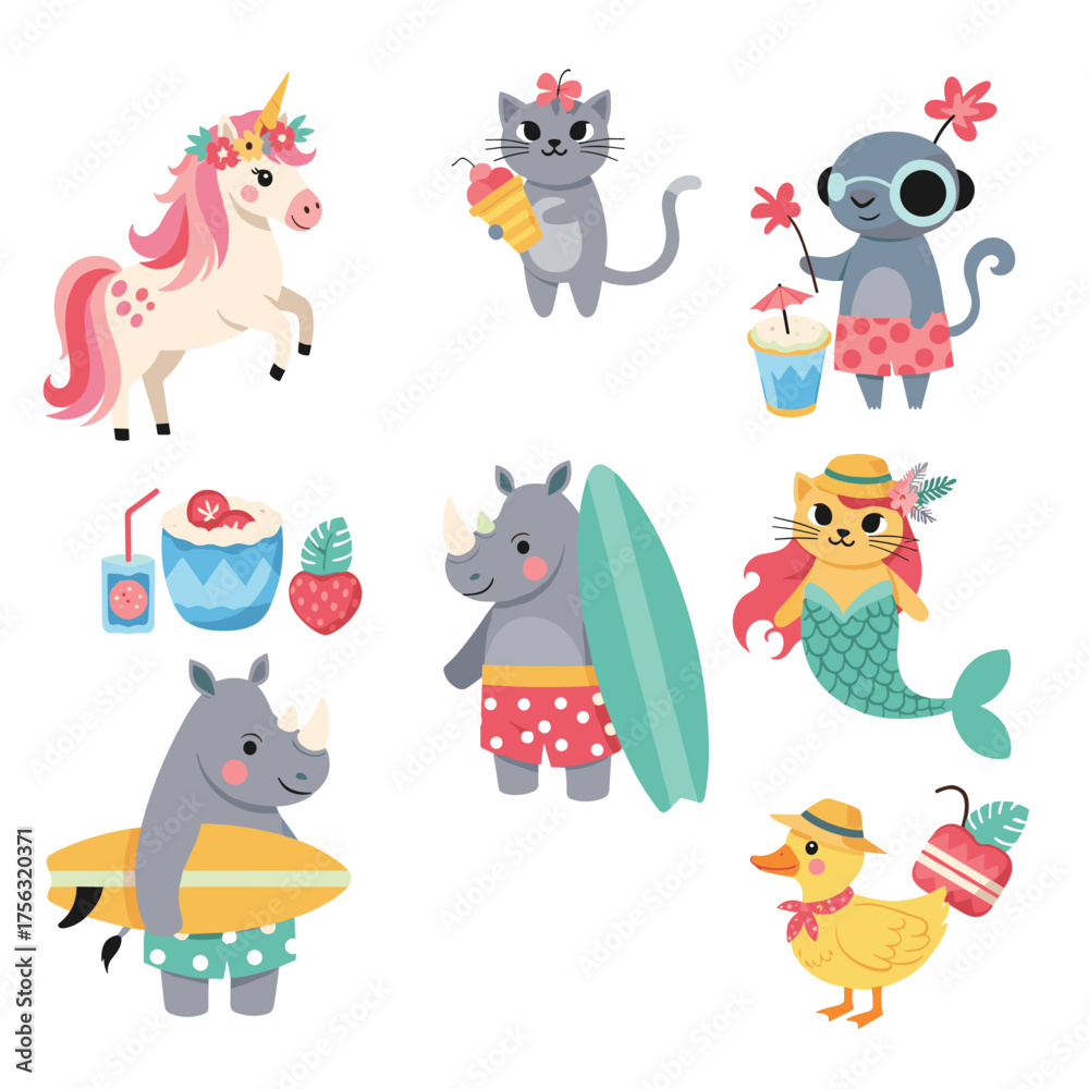 Fototapeta premium Whimsical cartoon animals enjoying a summer vacation at the beach.
