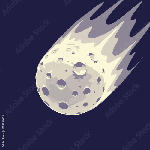 A detailed illustration of a cratered asteroid blazing through the dark expanse of space.
