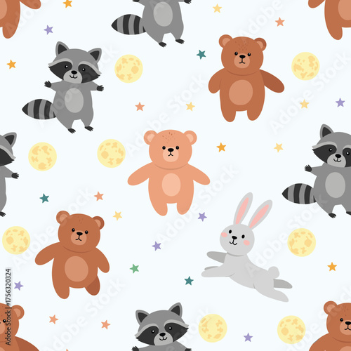 Cute woodland creatures with moon and stars seamless pattern.