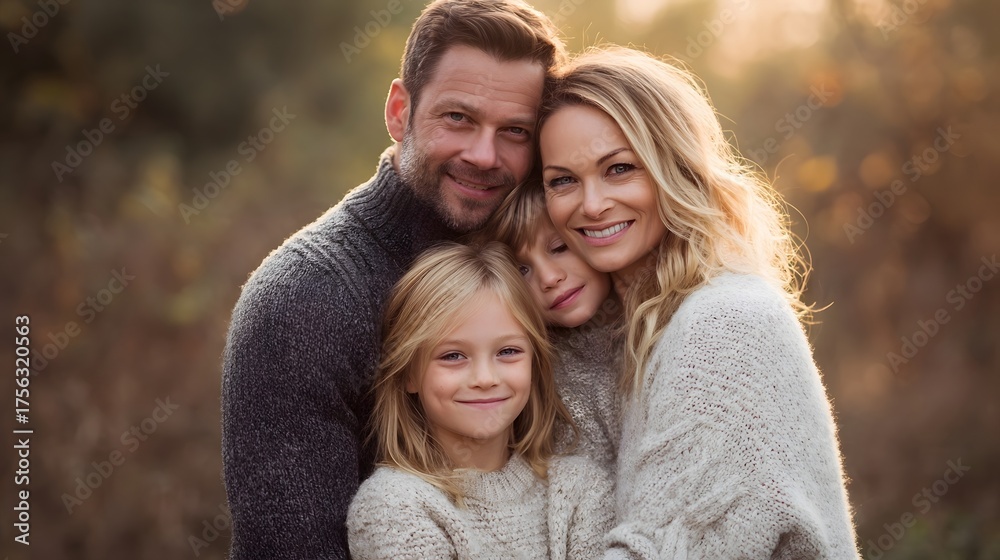 Fototapeta premium A happy family embraces outdoors in golden hour light