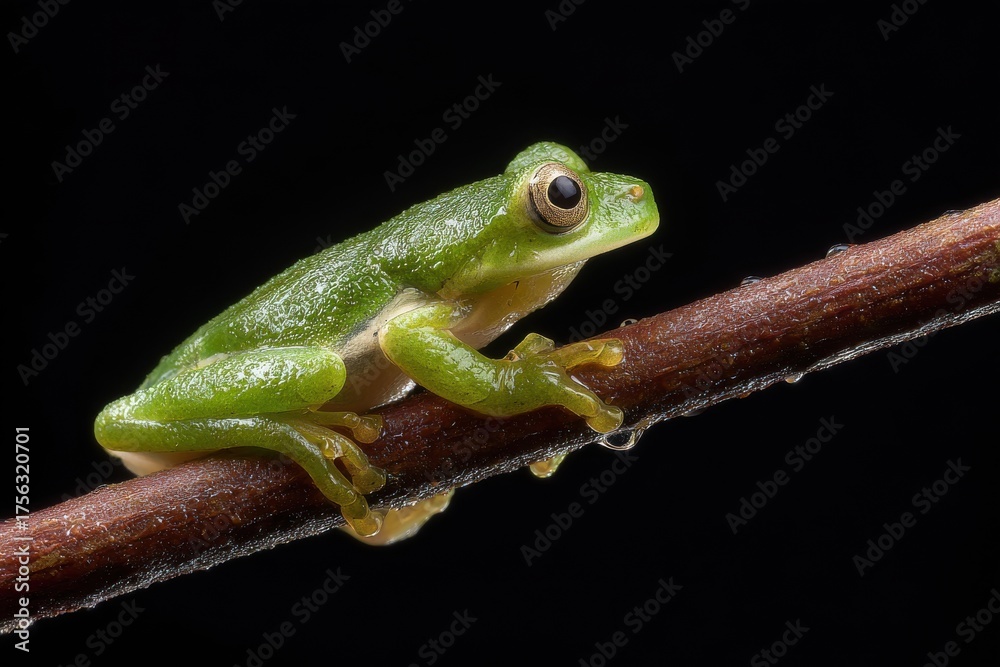 Obraz premium A tiny green frog perched elegantly on a slender branch, its eye fixated with curiosity