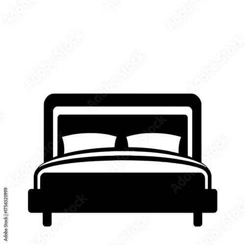 Simple black and white icon illustration of a bed with pillows and bedding, on a white background.