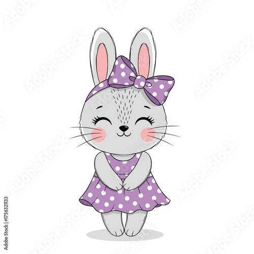 A cute little bunny wearing a purple polka dot dress and a matching bow.