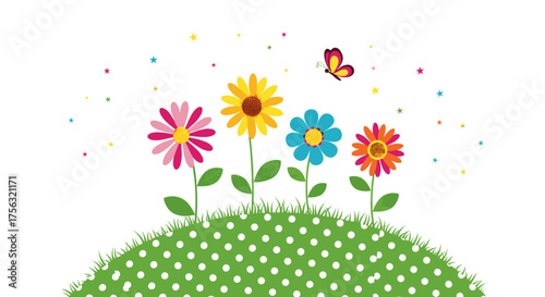 A gentle spring breeze carries a happy butterfly over a field of colorful flowers on a green dotted hill.