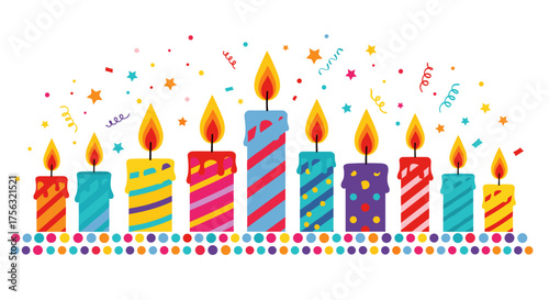 A row of colorful birthday candles with flames and confetti in the background.