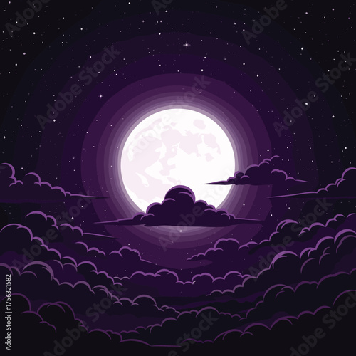 A vast celestial expanse bathed in the soft glow of a luminous moon and scattered starlight.