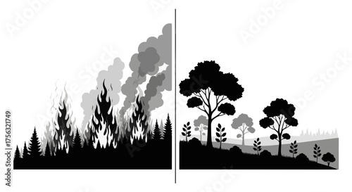 Devastating wildfire consumes forest landscape, contrasting with healthy trees, a powerful visual metaphor for environmental impact and conservation needs