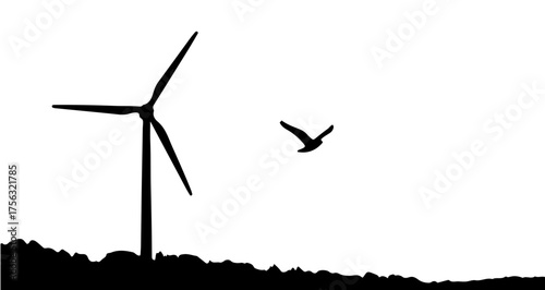 Wind turbine silhouette with bird flying overhead, clean energy concept for environmental protection and renewable power generation, eco-friendly future