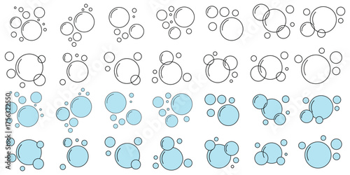  Fizzy Drink, Water Bubble Black and Blue Pictogram. Effervescent Champagne. Sphere Foam, Aquarium. Clear Soda Drops Line and Silhouette Icon Set. Soap Symbol Collection. Isolated Vector Illustration