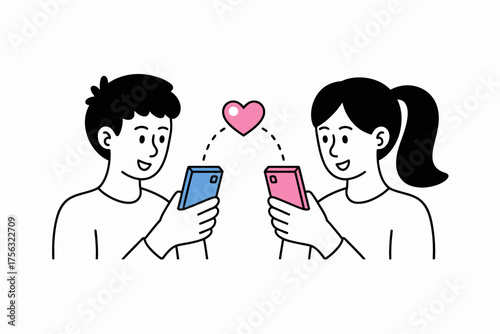 Cute Couple Chatting Online — Digital Love Connection and Long-Distance Relationship Illustration.