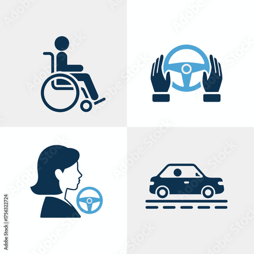 Driving and Accessibility Icon Set — Wheelchair, Driver, and Car Safety Illustration.